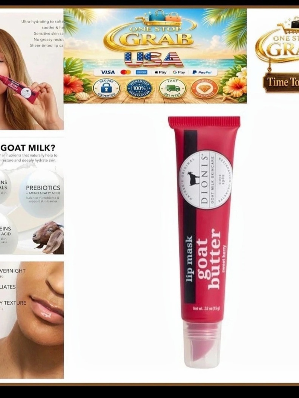 Dionis, Goat Butter, sweet berry ,Moisturizing Lip Mask, .52 oz / 15 g Brand New